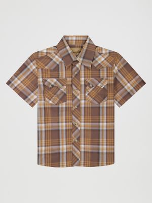 Boy's Wrangler Retro&reg; Short Sleeve Western Snap Shirt in Maple Brown