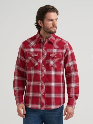 Mens Retro LS Flannel Western Snap Plaid:Hearth Red:L main view