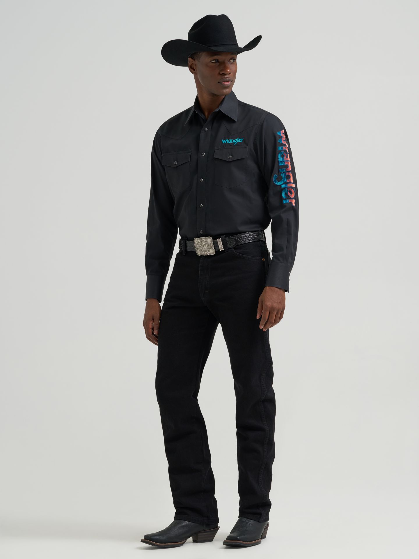 Мужская рубашка Wrangler Logo Long Sleeve Western Snap, цвет: Чёрный — фото 2