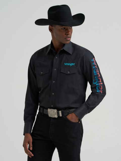 Мужские рубашки Wrangler Men's Wrangler® Logo Long Sleeve Western Snap Shirt