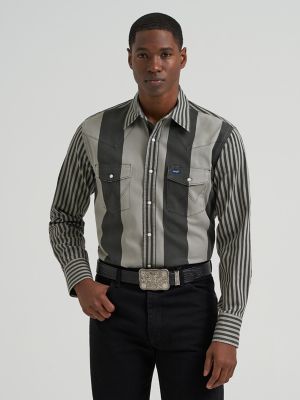 Vintage-Inspired Brushpopper Western Snap Workshirt in Smoky Stripes