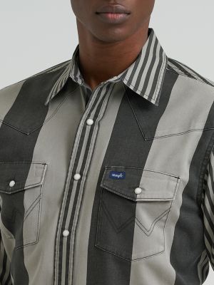 Vintage-Inspired Brushpopper Western Snap Workshirt in Smoky Stripes