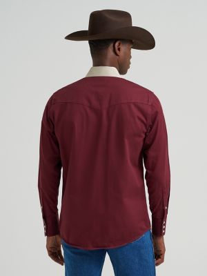 Vintage-Inspired Contrast Band Western Snap Shirt in Wine
