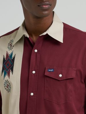 Vintage-Inspired Contrast Band Western Snap Shirt in Wine