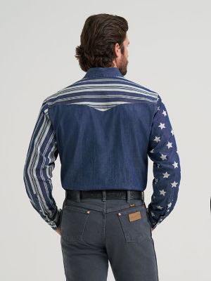 Vintage-Inspired Stars & Stripes Western Snap Shirt in Indigo