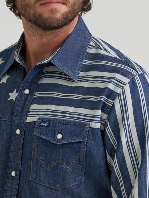 Vintage-Inspired Stars & Stripes Western Snap Shirt in Indigo