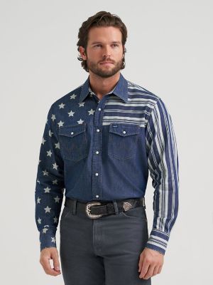 Vintage-Inspired Stars & Stripes Western Snap Shirt in Indigo