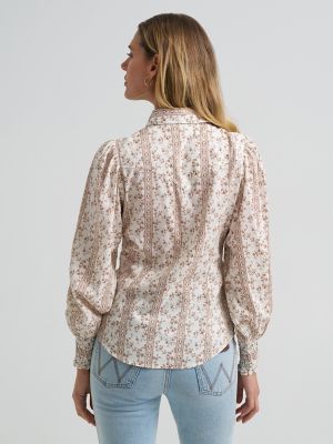 Women's Smocked Sleeve Western Snap Blouse