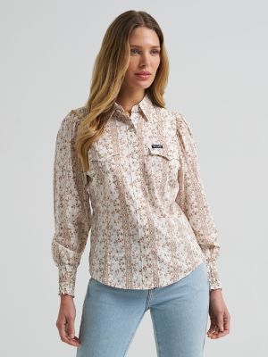 Women's Smocked Sleeve Western Snap Blouse
