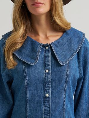 Women's Peter Pan Collar Denim Dress in Denim