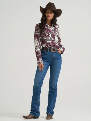 Women's Wrangler Bold Bucking Cowboy Sierra Snap Shirt in Burgundy alternative view