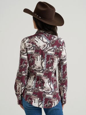 Women's Wrangler Bold Bucking Cowboy Sierra Snap Shirt in Burgundy alternative view 2