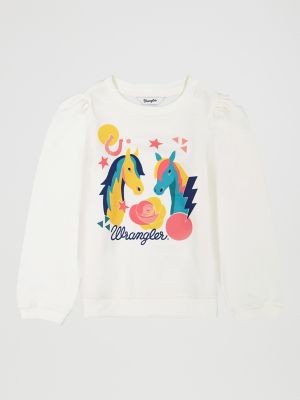Girl's Puff Sleeve Graphic Fleece Sweatshirt in White