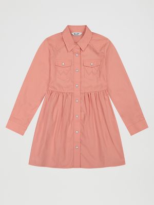 Girl's Long Sleeve Colorwash Western Snap Dress in Pink