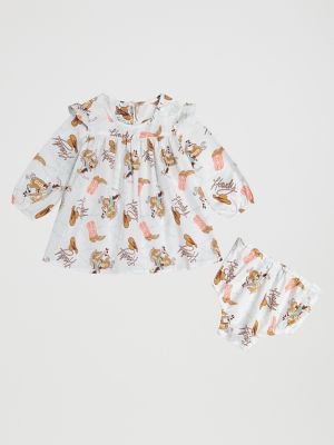 Little Girl's Printed Ruffle Dress in White