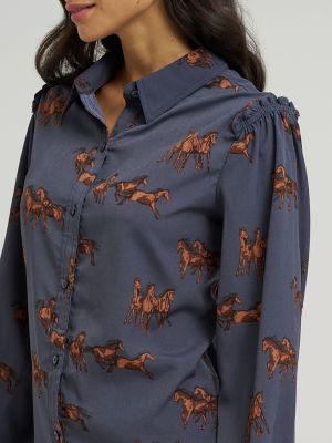 Women's Drapey Sleeve Button Up Blouse in Blue alternative view 3