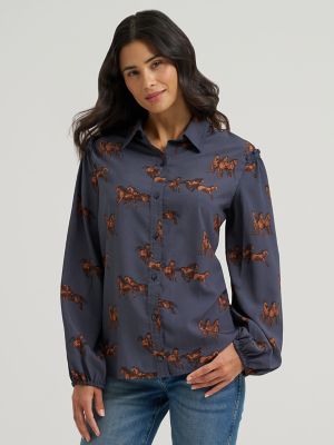 Women's Drapey Sleeve Button Up Blouse in Blue main view