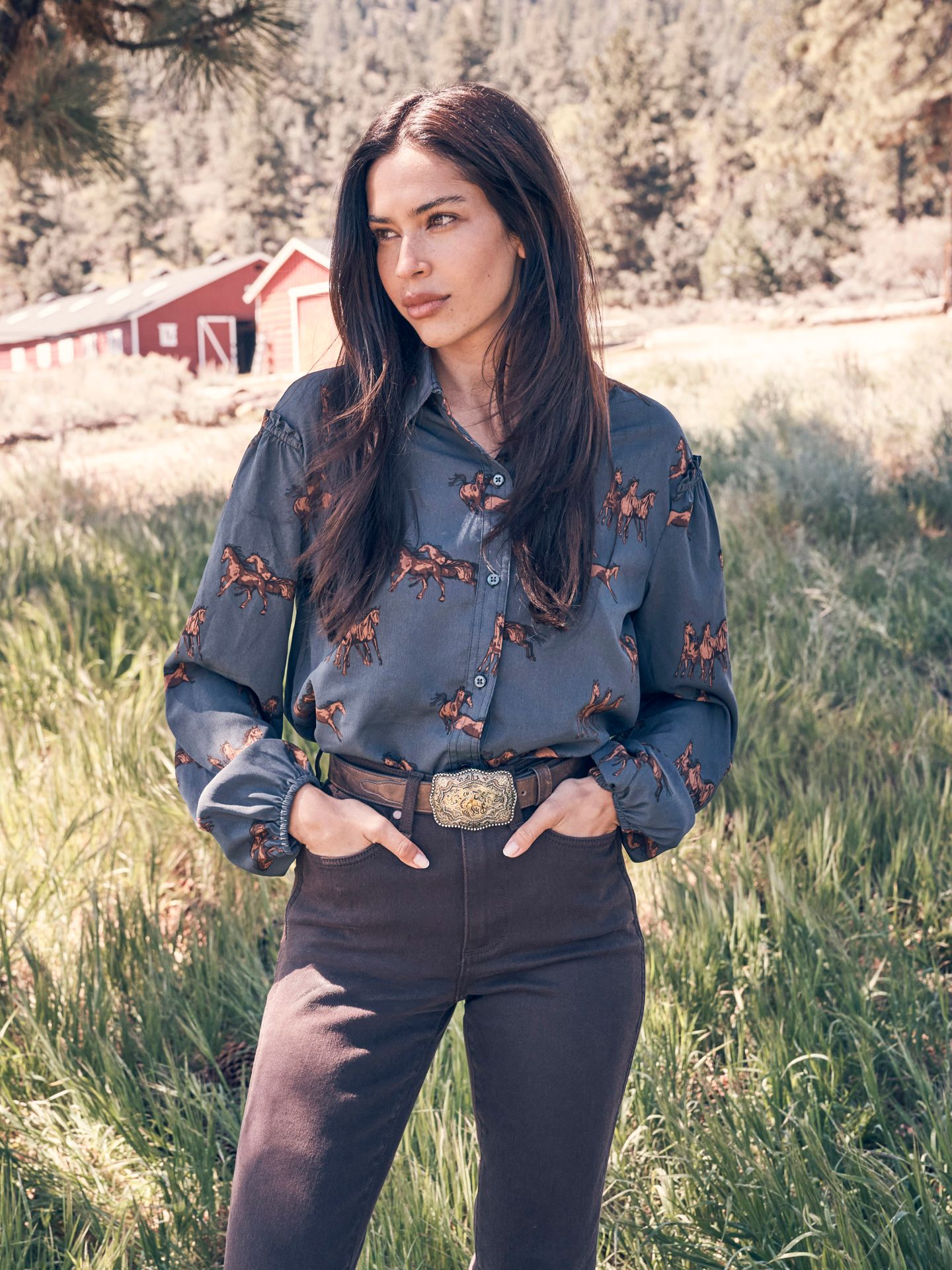 Женская блуза Wrangler Drapey Sleeve на пуговицах, цвет: Синий — фото 1