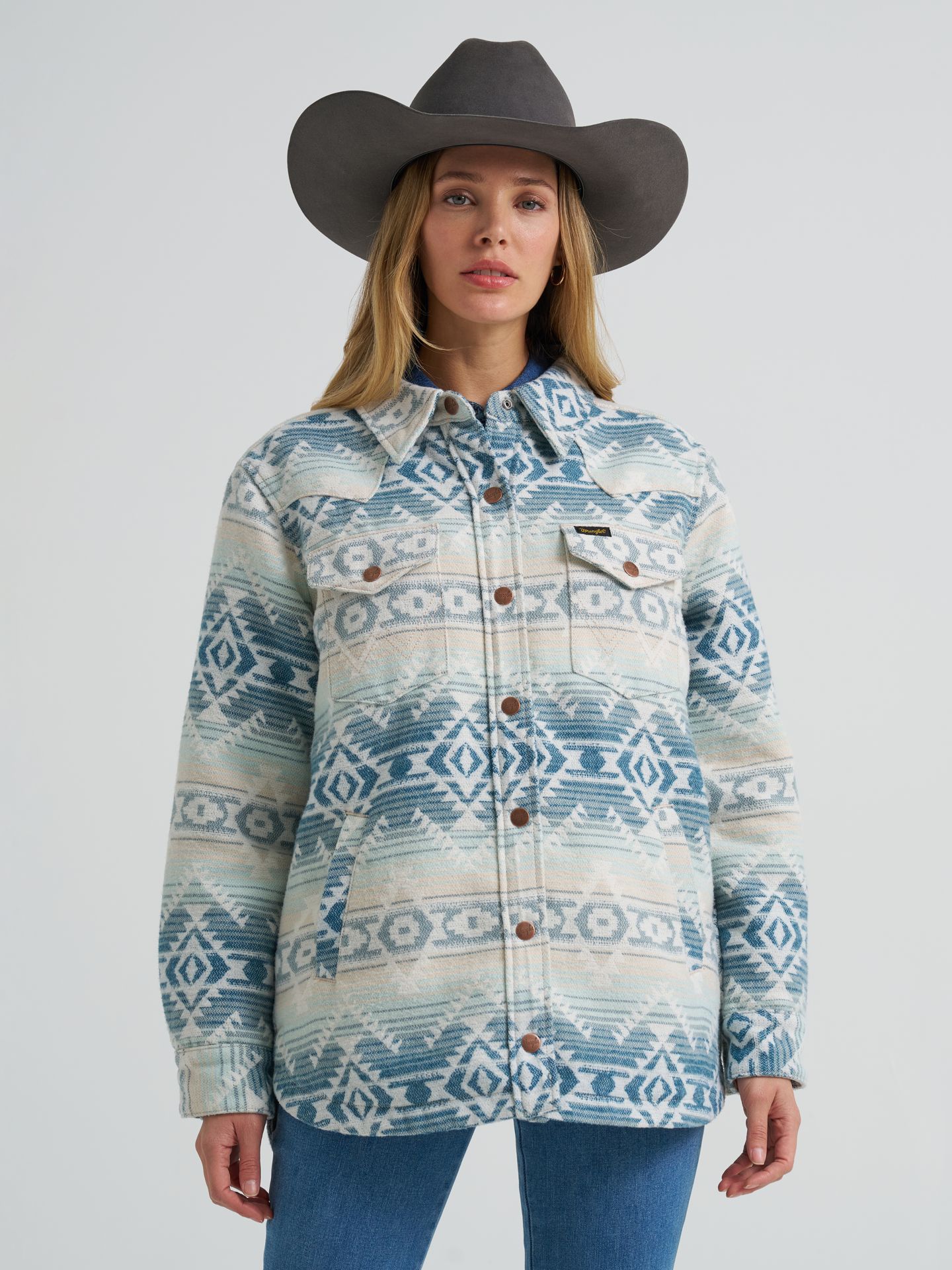 Женская жаккардовая рубашка-куртка Wrangler Run the Ranch, цвет: Синий — фото 1