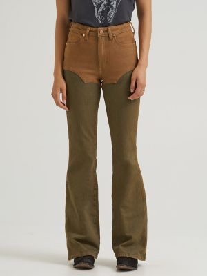 Lainey Wilson x Wrangler Pieced Chaps Flare Jean in Rustic Brown