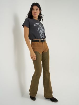 Lainey Wilson x Wrangler Pieced Chaps Flare Jean in Rustic Brown