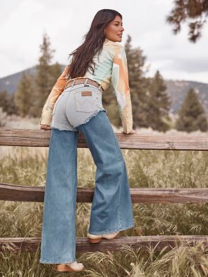 Lainey Wilson x Wrangler Pieced Chaps Cheeky Wide Leg Jean in Classic Blue