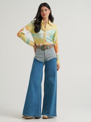 Lainey Wilson x Wrangler Pieced Chaps Cheeky Wide Leg Jean in Classic Blue