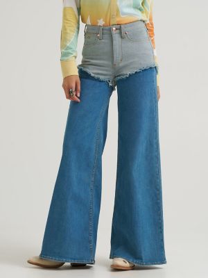 Lainey Wilson x Wrangler Pieced Chaps Cheeky Wide Leg Jean in Classic Blue
