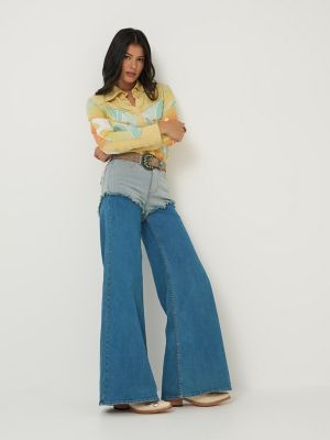 Lainey Wilson x Wrangler Pieced Chaps Cheeky Wide Leg Jean in Classic Blue