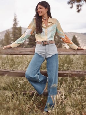 Lainey Wilson x Wrangler Pieced Chaps Cheeky Wide Leg Jean in Classic Blue