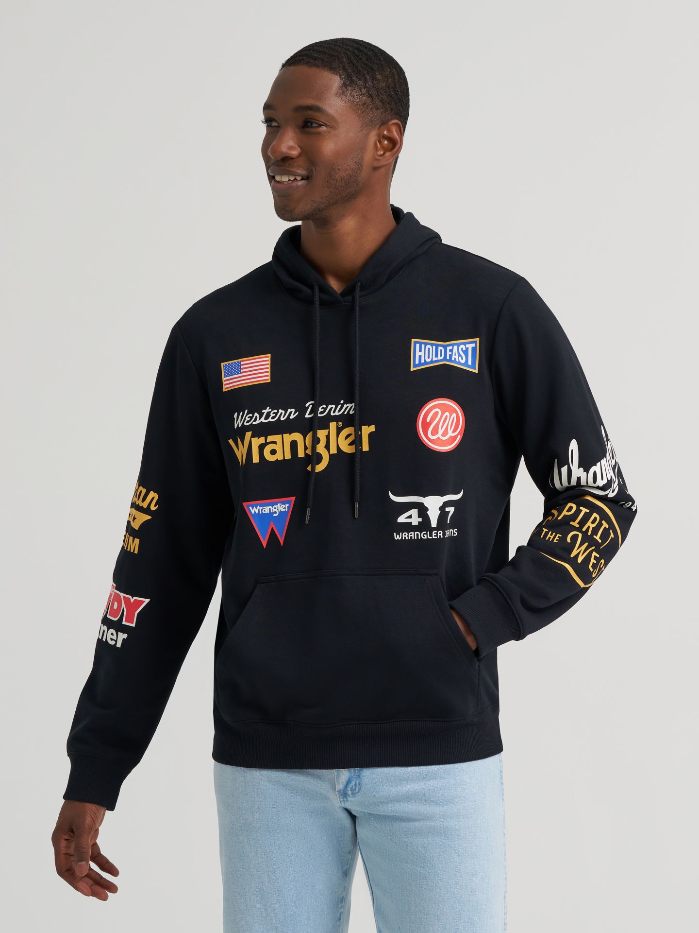 Мужское худи Wrangler Icons свободного кроя с принтом, цвет: Чёрный — фото 1