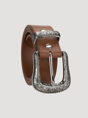 Men's Etched Buckle Belt in Cognac