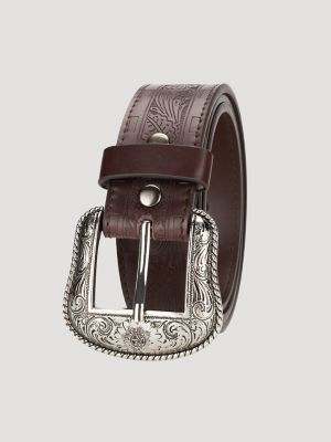 Men's Floral Whipstitch Embossed Belt in Brown alternative view