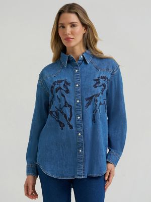 Women's Wrangler Horses Boyfriend Western Snap Shirt