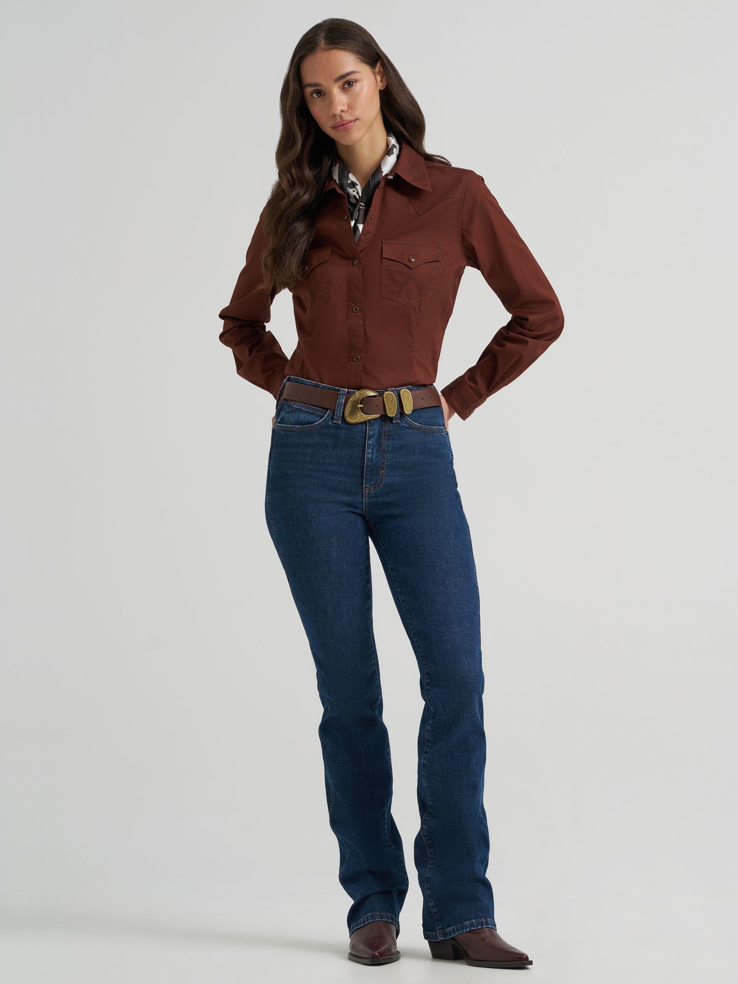 Женская рубашка Wrangler Sierra Western Slim Snap, цвет: Коричневый — фото 2