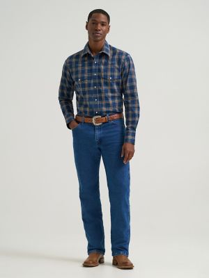 Men's Wrinkle Resist Long Sleeve Western Snap Plaid Shirt in Gold Indigo alternative view