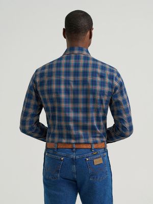 Men's Wrinkle Resist Long Sleeve Western Snap Plaid Shirt in Gold Indigo alternative view 2