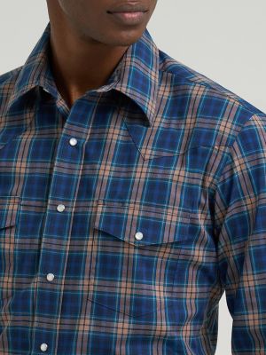 Men's Wrinkle Resist Long Sleeve Western Snap Plaid Shirt in Gold Indigo alternative view 3
