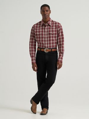 Men's Wrinkle Resist Long Sleeve Western Snap Plaid Shirt in Crosscut Burgundy alternative view