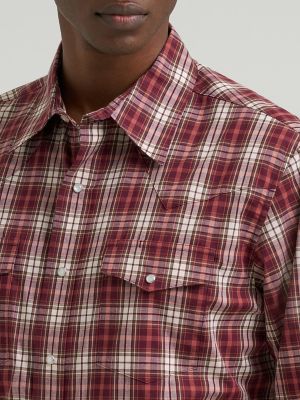 Men's Wrinkle Resist Long Sleeve Western Snap Plaid Shirt in Crosscut Burgundy alternative view 3