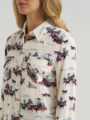 Women's Wrangler Bold Bucking Cowboy Sierra Snap Shirt in White alternative view 3
