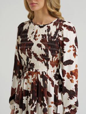 Women&rsquo;s Wrangler Smocked Cow Print Dress in Brown alternative view 3
