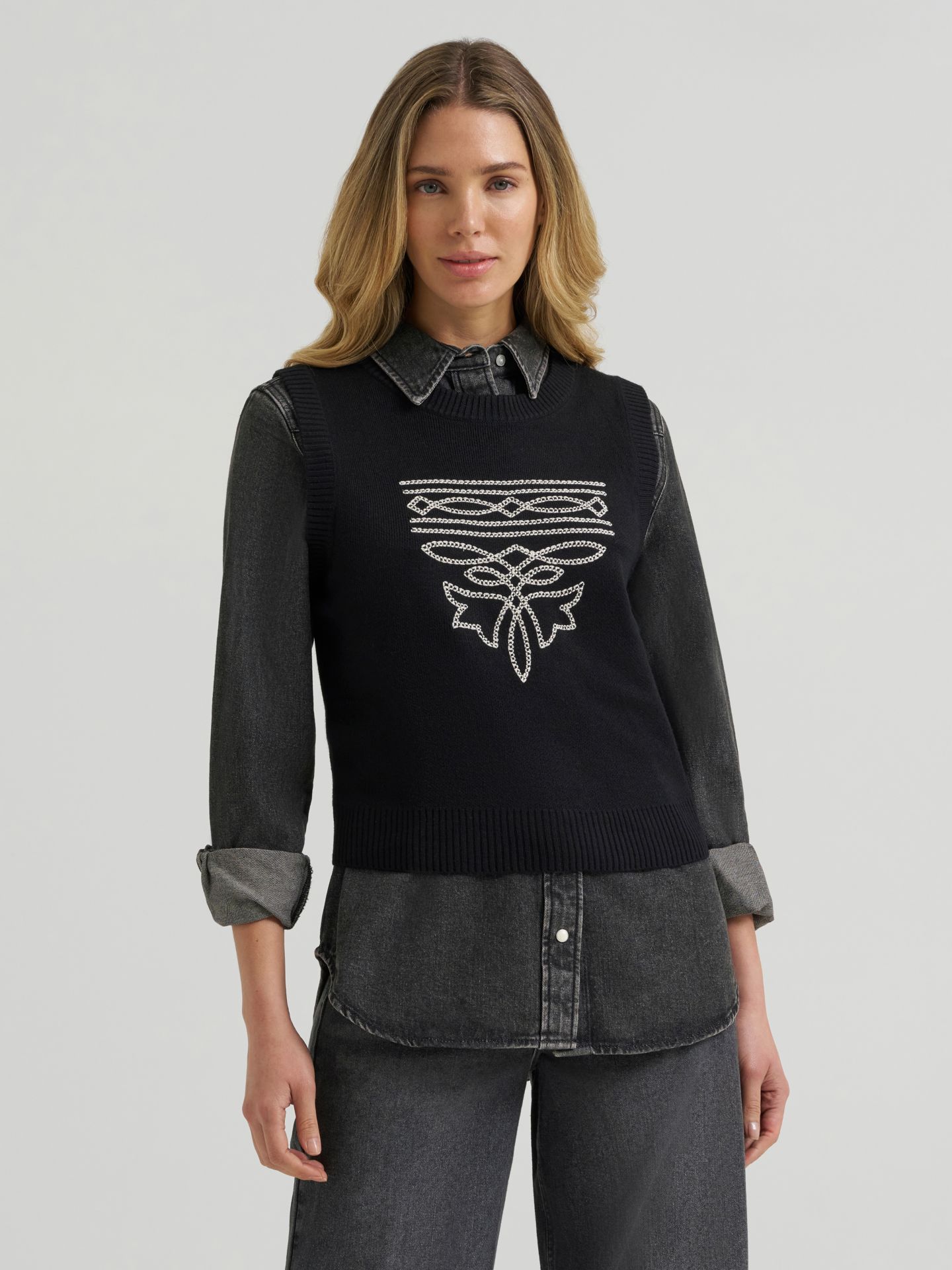 Женский жилет Wrangler Western Stitch Sweater Vest, цвет: Чёрный — фото 3