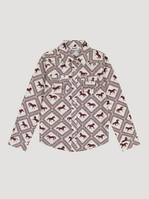 Girl's Bold Print Western Snap Shirt in Cream