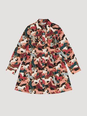 Girl's Long Sleeve Printed Western Snap Dress in Blue