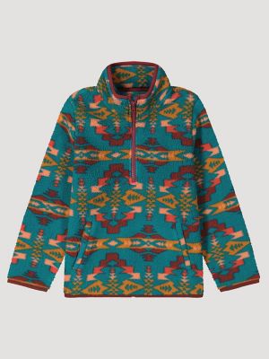 Girl's Southwest Quarter-Zip Sherpa Pullover in Turquoise