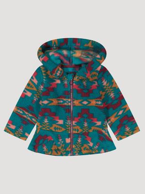 Little Girl's Sherpa Full Zip Ruffle Hem Hoodie in Turquoise