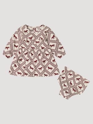 Little Girl's Long Sleeve Western Print Dress in Cream