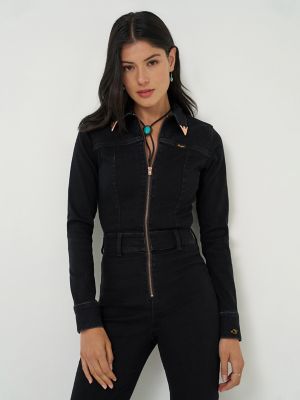 Lainey Wilson x Wrangler Denim Flare Catsuit in Black