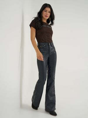 Lainey Wilson X Wrangler Faux Leather Flare Jean in Onyx Faux Leather